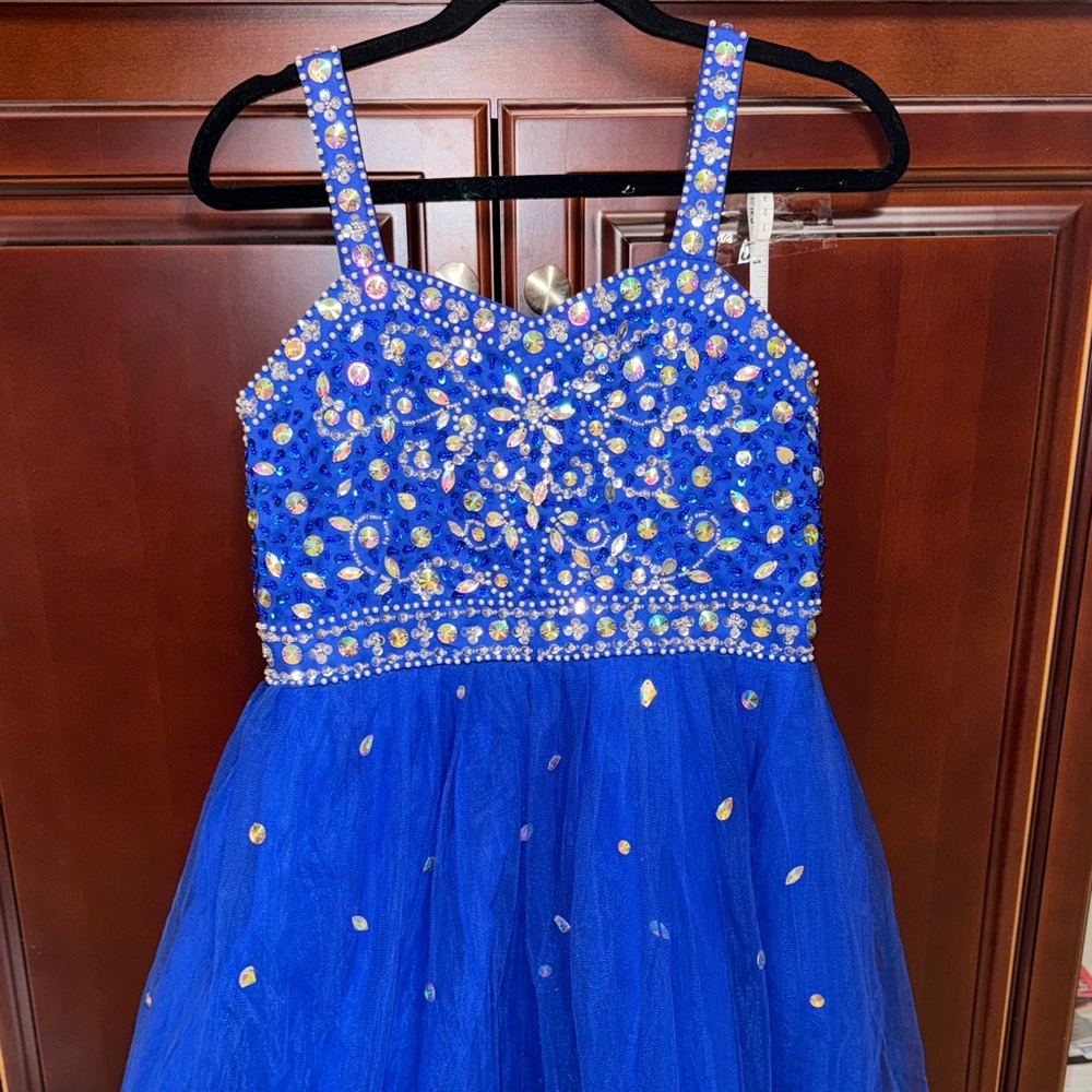 Elegant sleeveless rhinestone tulle Blue Kids Dress party dance wedding dress - Picture 2 of 9